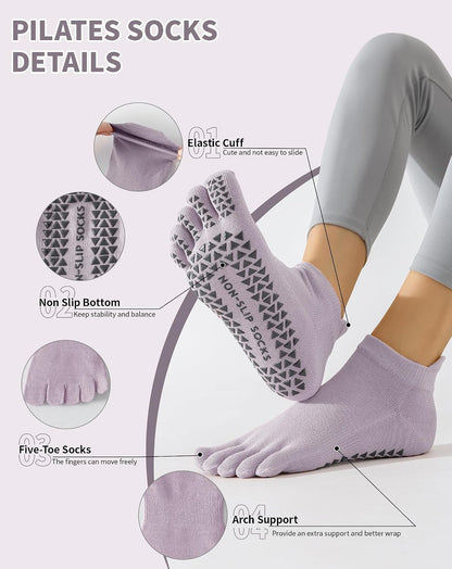 Yawlsow 3 Pairs Pilates Yoga Toe Socks with Grips for Women, Five Toe Non-Slip Socks for Barre Ballet Fitness Hospital