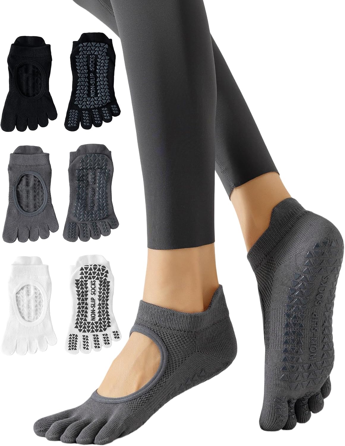 Yawlsow 3 Pairs Pilates Yoga Toe Socks with Grips for Women, Five Toe Non-Slip Socks for Barre Ballet Fitness Hospital