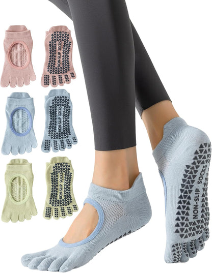 Yawlsow 3 Pairs Pilates Yoga Toe Socks with Grips for Women, Five Toe Non-Slip Socks for Barre Ballet Fitness Hospital