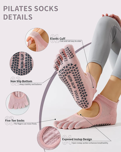 Yawlsow 3 Pairs Pilates Yoga Toe Socks with Grips for Women, Five Toe Non-Slip Socks for Barre Ballet Fitness Hospital