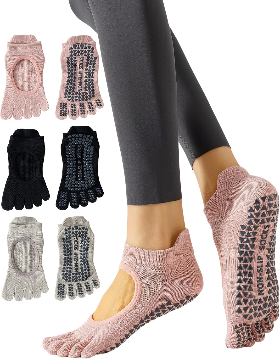 Yawlsow 3 Pairs Pilates Yoga Toe Socks with Grips for Women, Five Toe Non-Slip Socks for Barre Ballet Fitness Hospital