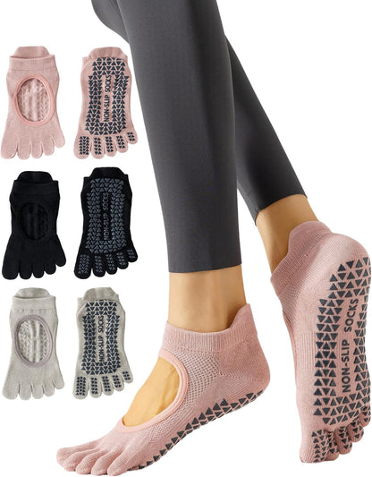 Yawlsow 3 Pairs Pilates Yoga Toe Socks with Grips for Women, Five Toe Non-Slip Socks for Barre Ballet Fitness Hospital