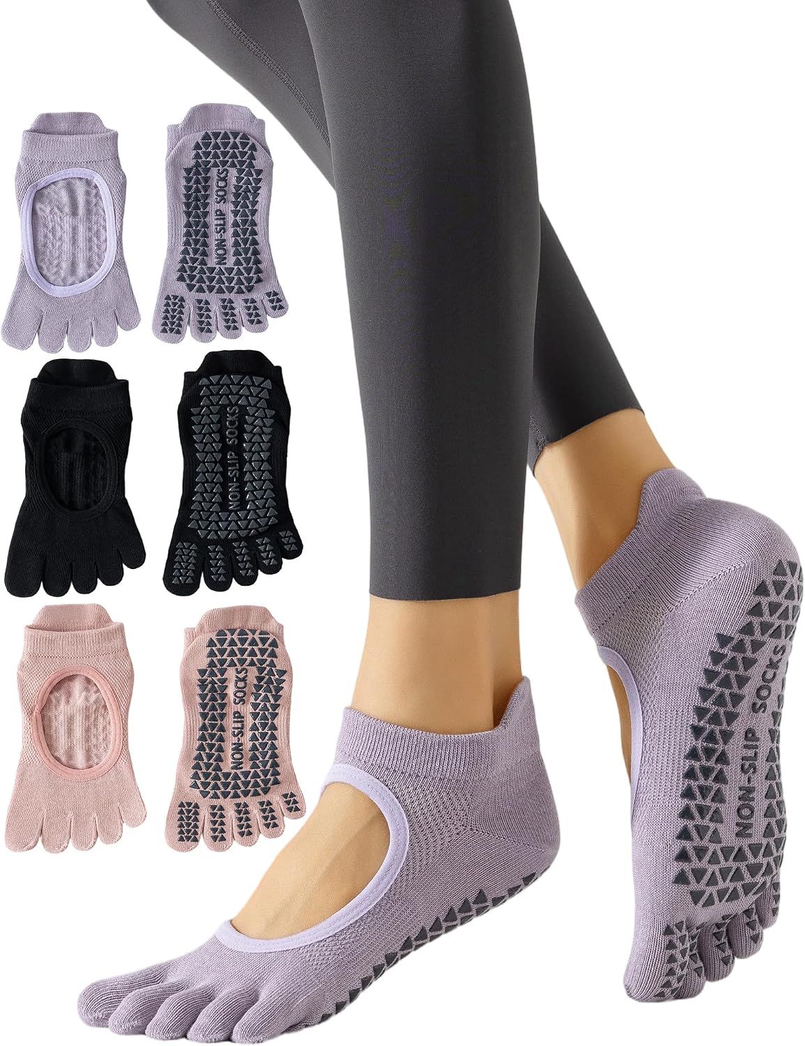 Yawlsow 3 Pairs Pilates Yoga Toe Socks with Grips for Women, Five Toe Non-Slip Socks for Barre Ballet Fitness Hospital