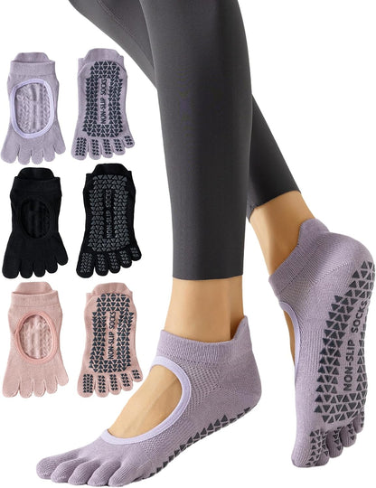 Yawlsow 3 Pairs Pilates Yoga Toe Socks with Grips for Women, Five Toe Non-Slip Socks for Barre Ballet Fitness Hospital