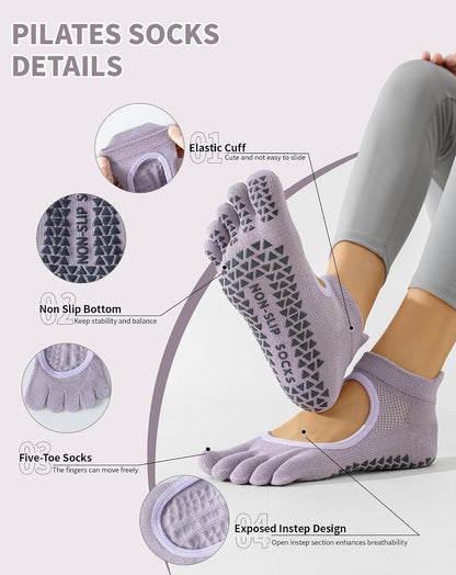 Yawlsow 3 Pairs Pilates Yoga Toe Socks with Grips for Women, Five Toe Non-Slip Socks for Barre Ballet Fitness Hospital