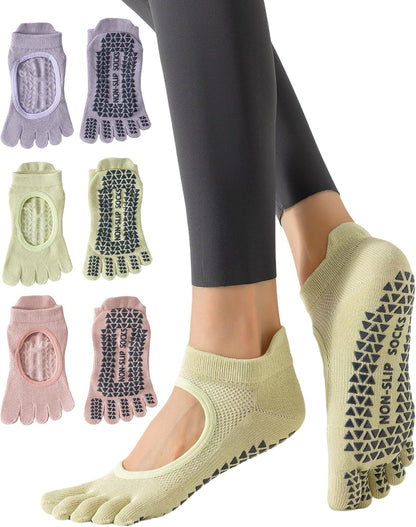 Yawlsow 3 Pairs Pilates Yoga Toe Socks with Grips for Women, Five Toe Non-Slip Socks for Barre Ballet Fitness Hospital