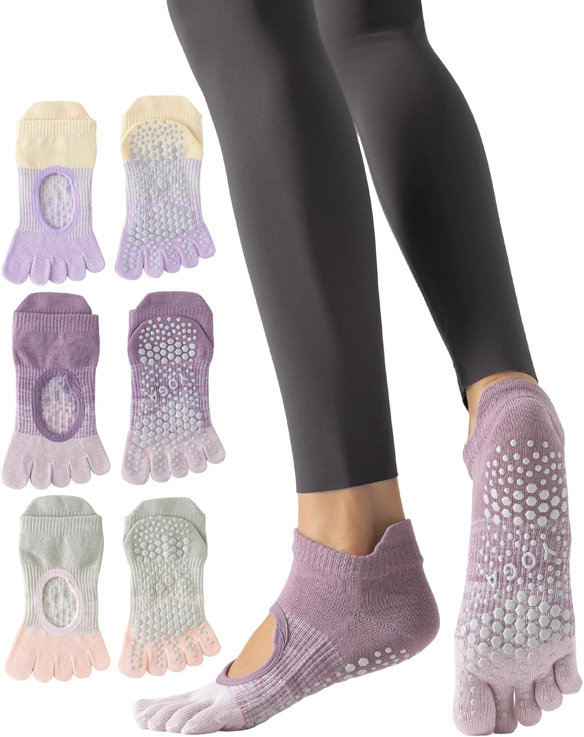 Yawlsow 3 Pairs Pilates Yoga Toe Socks with Grips for Women, Five Toe Non-Slip Socks for Barre Ballet Fitness Hospital