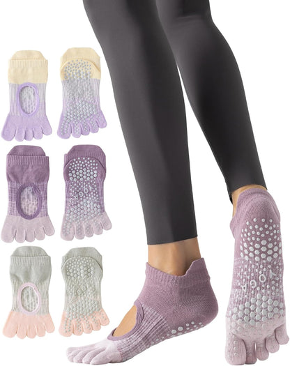 Yawlsow 3 Pairs Pilates Yoga Toe Socks with Grips for Women, Five Toe Non-Slip Socks for Barre Ballet Fitness Hospital