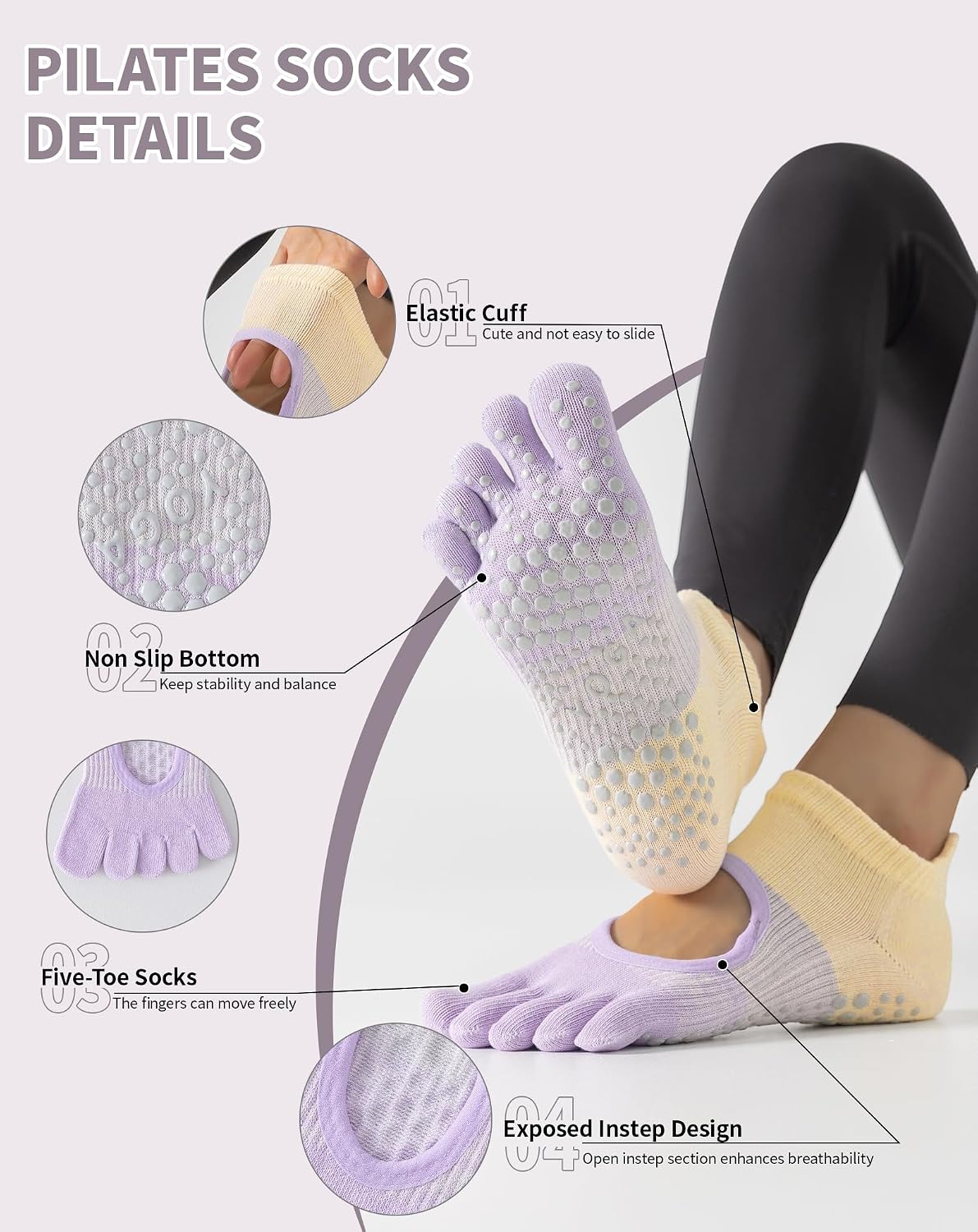 Yawlsow 3 Pairs Pilates Yoga Toe Socks with Grips for Women, Five Toe Non-Slip Socks for Barre Ballet Fitness Hospital