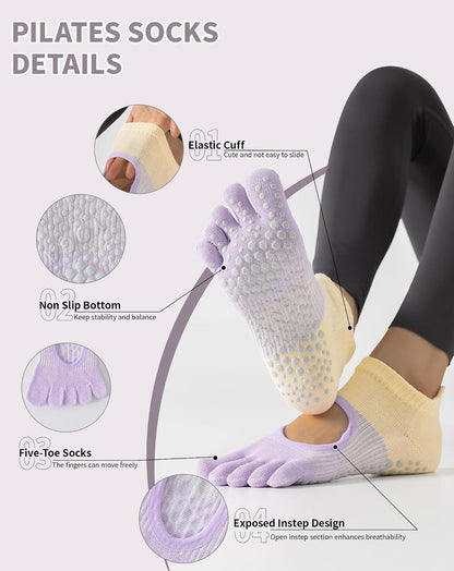 Yawlsow 3 Pairs Pilates Yoga Toe Socks with Grips for Women, Five Toe Non-Slip Socks for Barre Ballet Fitness Hospital