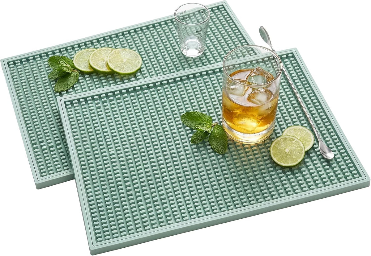Bar Mat 18"X12"(2 Pcs) Non-Slip Rubber Bar Mat, Spill Proof & Design,Easy to Clean Textured Surface for Home Bar,Coffee Station, Bartending - Protects Countertops & Glassware(Green).