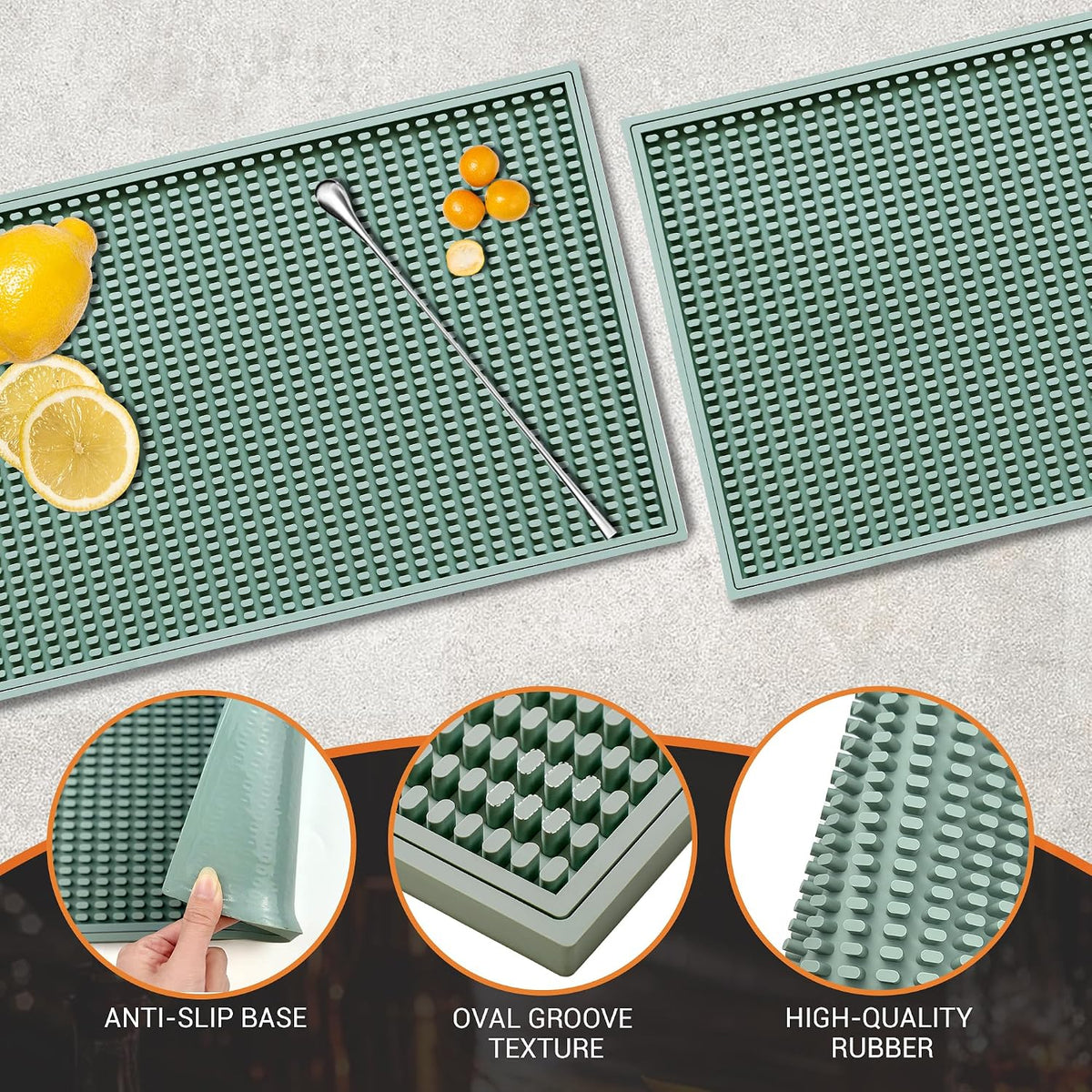 Bar Mat 18"X12"(2 Pcs) Non-Slip Rubber Bar Mat, Spill Proof & Design,Easy to Clean Textured Surface for Home Bar,Coffee Station, Bartending - Protects Countertops & Glassware(Green).