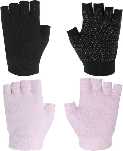 2 Packs Non Slip Fingerless Yoga Gloves, Fingerless Pilates Gloves with Grips Silicone Dots Pilates Glove Exercise Workout Glove for Yoga Fitness Workout Sports Exercise Gym (Black, Pink)