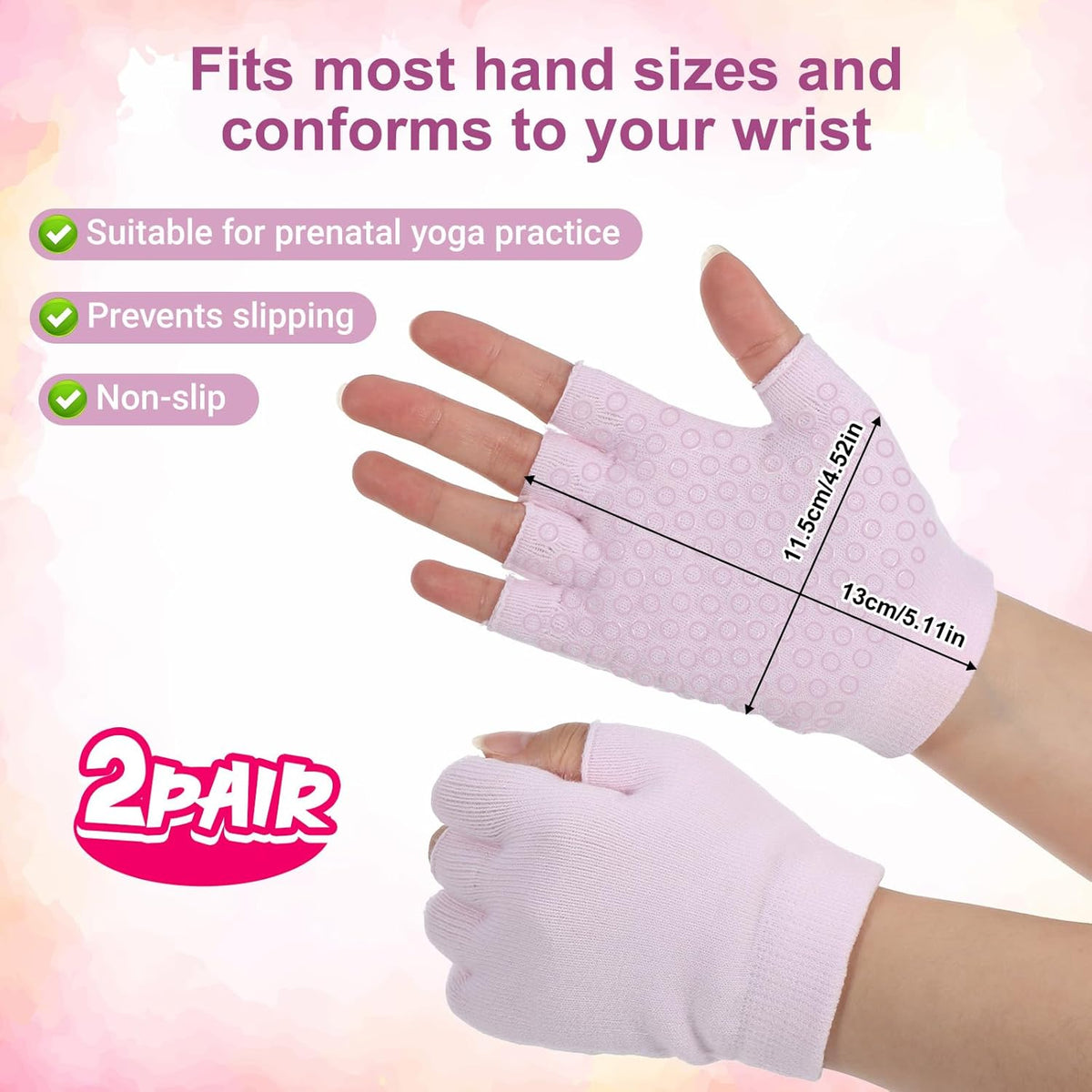 2 Packs Non Slip Fingerless Yoga Gloves, Fingerless Pilates Gloves with Grips Silicone Dots Pilates Glove Exercise Workout Glove for Yoga Fitness Workout Sports Exercise Gym (Black, Pink)