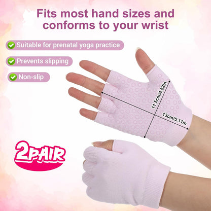 2 Packs Non Slip Fingerless Yoga Gloves, Fingerless Pilates Gloves with Grips Silicone Dots Pilates Glove Exercise Workout Glove for Yoga Fitness Workout Sports Exercise Gym (Black, Pink)