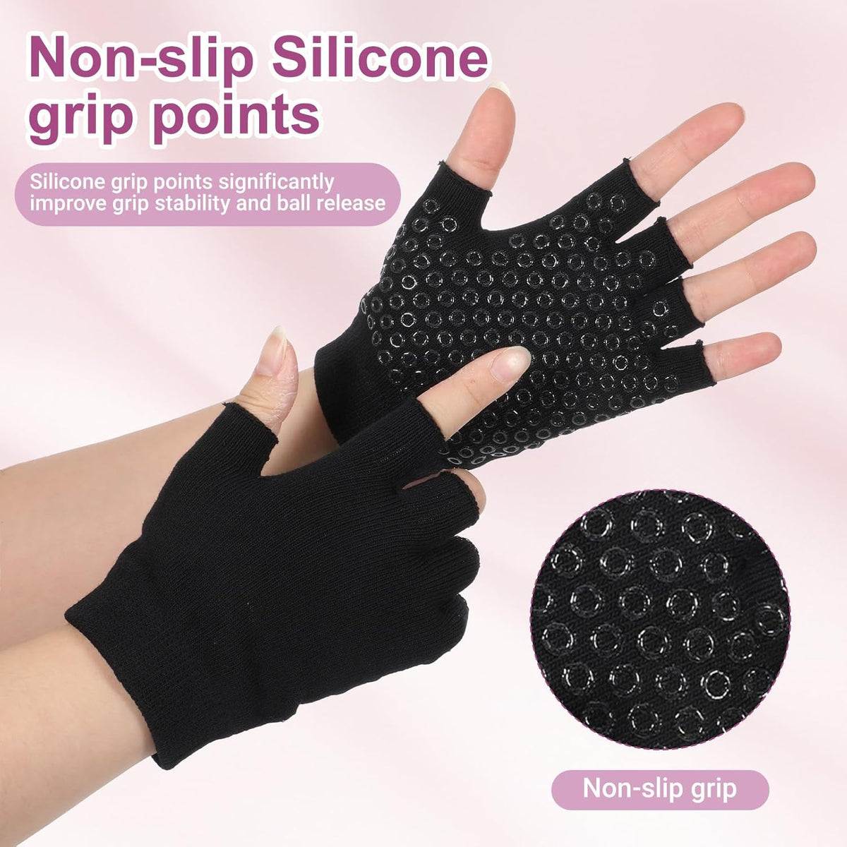 2 Packs Non Slip Fingerless Yoga Gloves, Fingerless Pilates Gloves with Grips Silicone Dots Pilates Glove Exercise Workout Glove for Yoga Fitness Workout Sports Exercise Gym (Black, Pink)