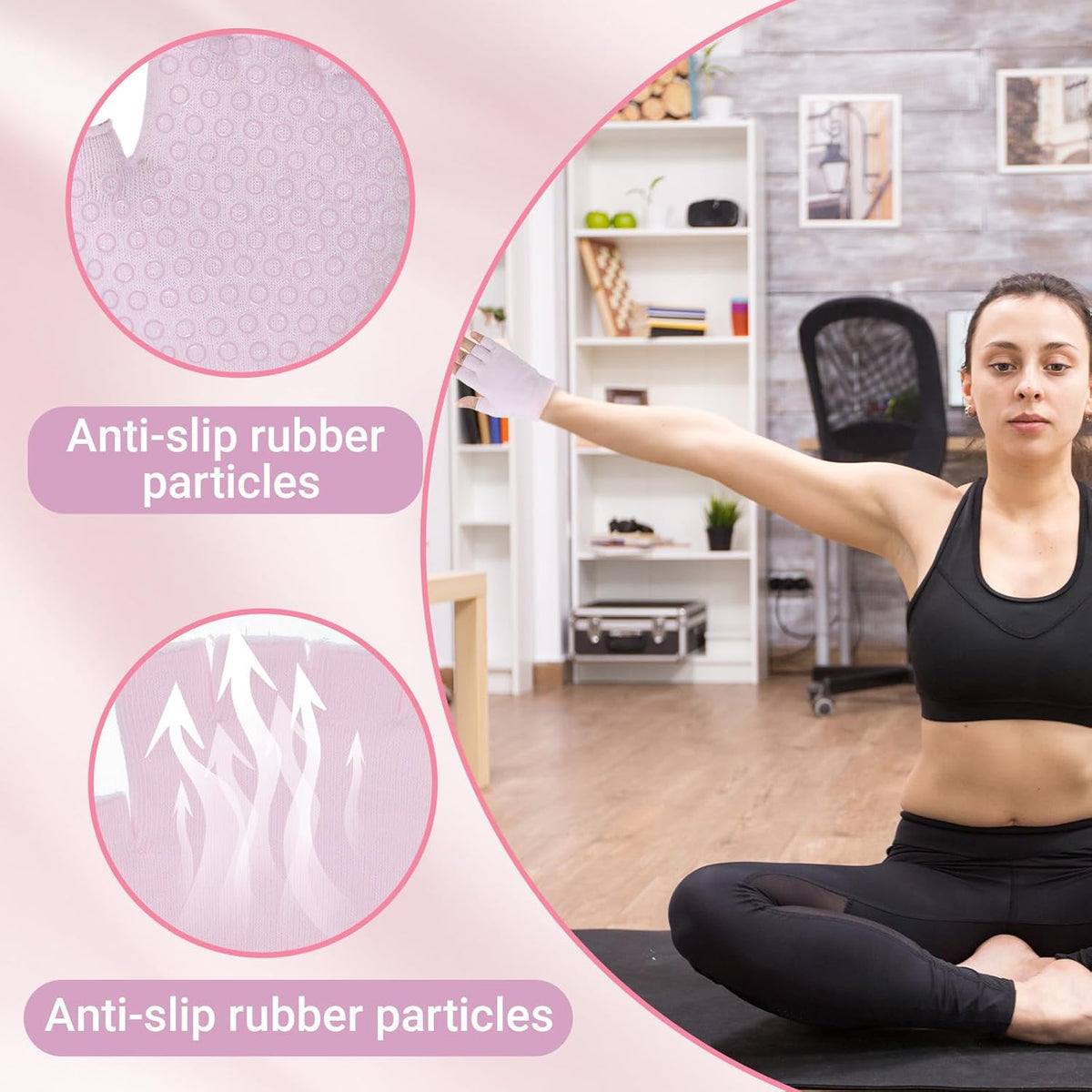 2 Packs Non Slip Fingerless Yoga Gloves, Fingerless Pilates Gloves with Grips Silicone Dots Pilates Glove Exercise Workout Glove for Yoga Fitness Workout Sports Exercise Gym (Black, Pink)