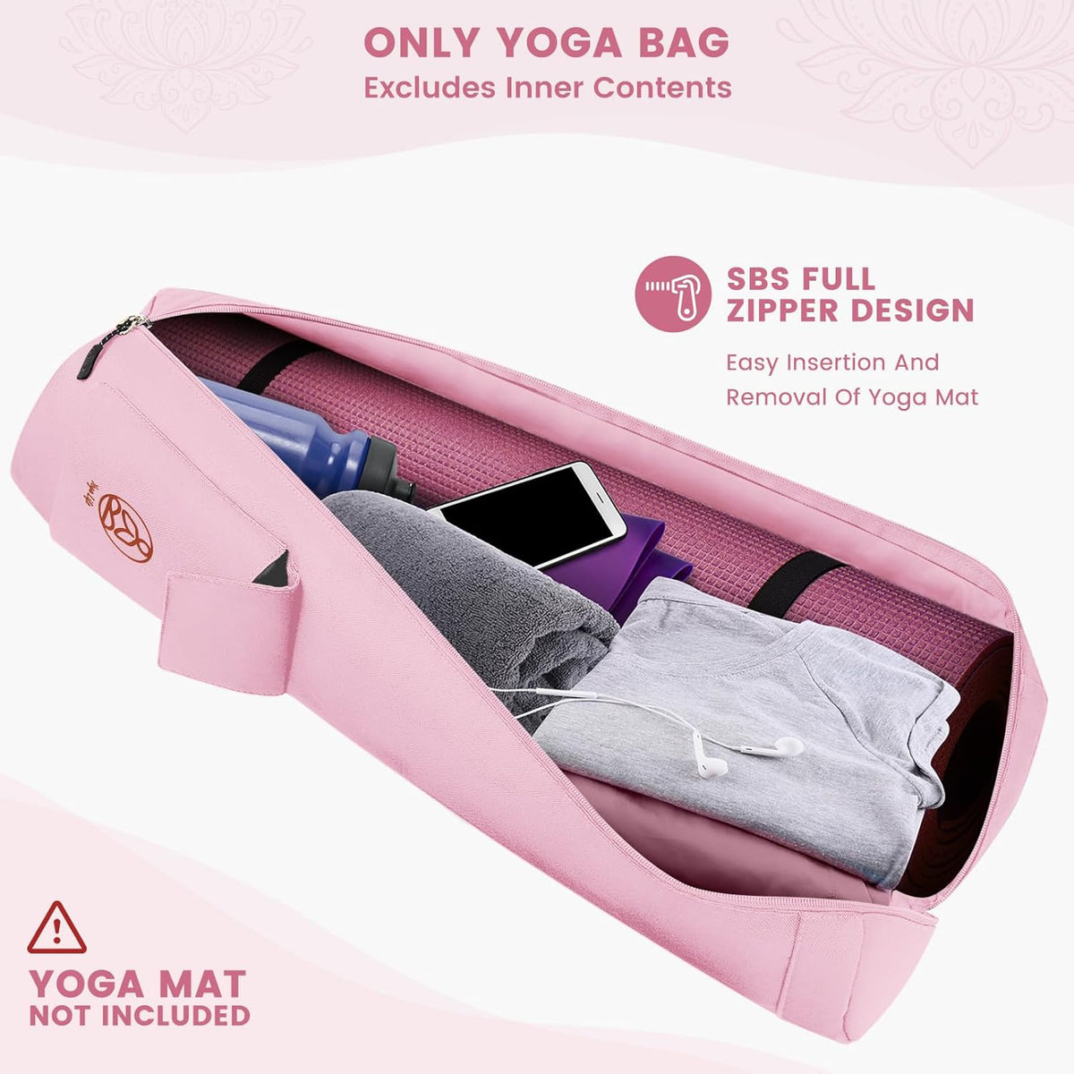 Yoga Mat Bag, Full-Zip Mat Carrier | 600D Oxford Fabric, Wet Pocket, Front Zip Pocket, Adjustable Strap, Fits Mats up to 26"