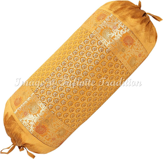 Indian Border Silk Bolster Tube Pillow Cover Cylindrical Mustard Yellow Yoga Large Couch Round Cushion Cover Home Decor Living Room Floral Throw Cushion Cover 30x15 inch (76x38cm) 1 Pc.