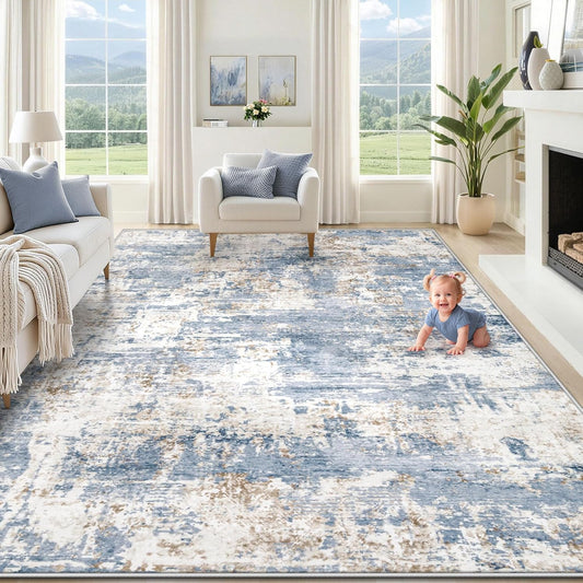 8x10 Area Rugs for Living Room, Washable Modern Abstract Large Area Rug Neutral Soft Non Slip Kids Rug Stain Resistant Indoor Carpet for Bedroom Nursery Dining Children's Room(Blue, 8'x10')