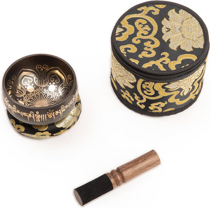 Tibetan Singing Bowl Set - 4" Easy To Play Authentic Handmade For Meditation Sound 7 Chakra Healing (Black with Box, 4")
