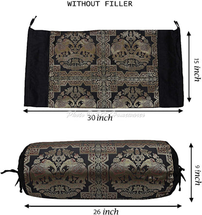 Indian Jacquard Brocade Silk Bolster Yoga Rectangle Pillow Cover Cylindrical Hotdog Black Tube Masand Home Decor Living Room Elephant Traditional Throw Cushion Cover 76x38 cm - 1 Pc