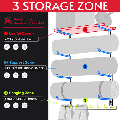 Home Gym Wall Storage Shelf, 1 Board & 4 Adjustable Holders Sets