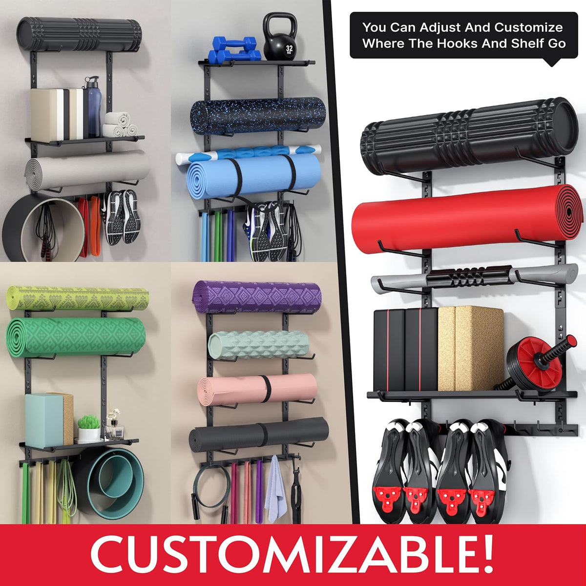 Home Gym Wall Storage Shelf, 1 Board & 4 Adjustable Holders Sets