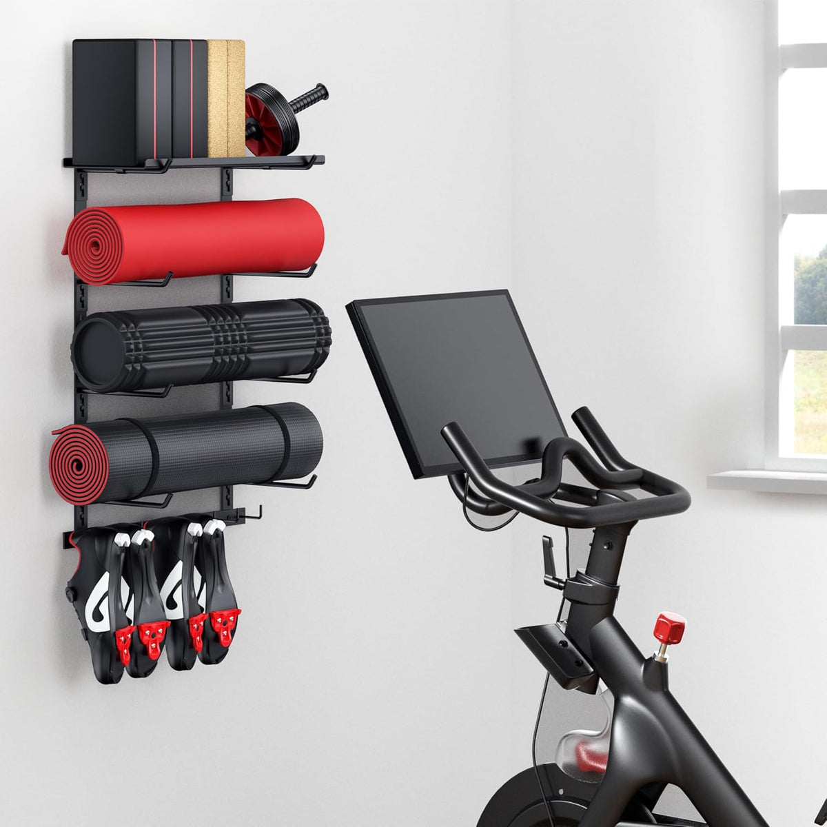 Home Gym Wall Storage Shelf, 1 Board & 4 Adjustable Holders Sets