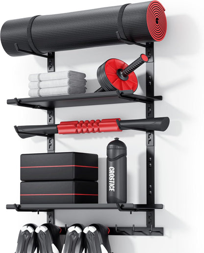 Home Gym Wall Storage Shelf, 1 Board & 4 Adjustable Holders Sets