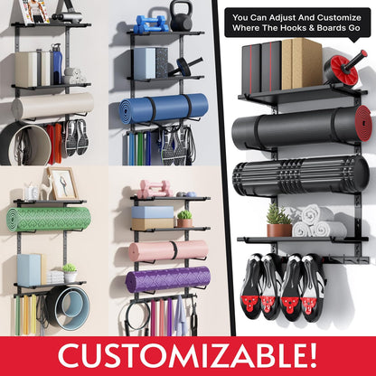 Home Gym Wall Storage Shelf, 1 Board & 4 Adjustable Holders Sets