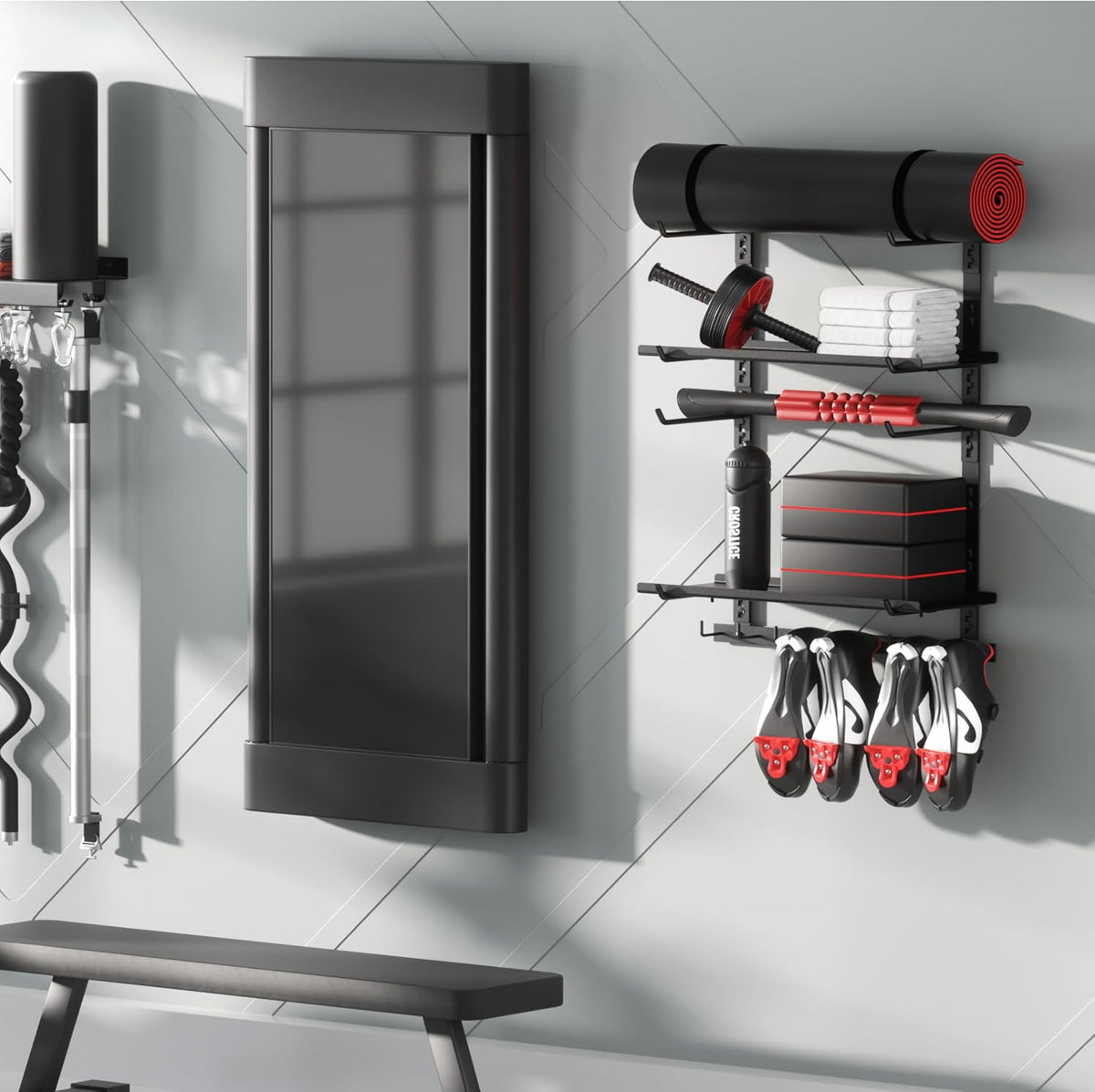 Home Gym Wall Storage Shelf, 1 Board & 4 Adjustable Holders Sets