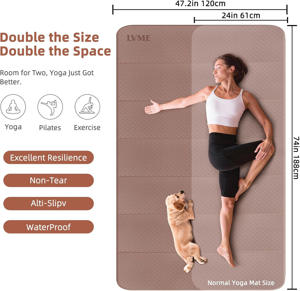 Foldable Yoga Mat 74"x47.2"x 0.4" – Large Yoga Mat | Non-slip, thick 0.4" cushion for comfort, odor-free TPE, for stretching/home gym/outdoor, easy store & carry