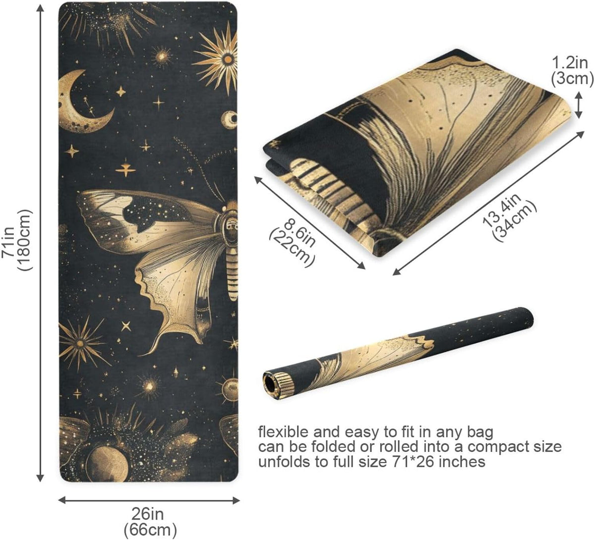 Boho Butterfly Moon yoga mat with cover for gym printed, natural rubber non slip, with yoga mat storage tapete para ejercicio 71x26 inches