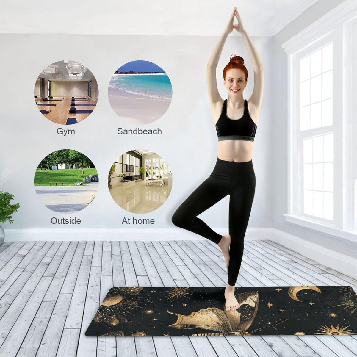 Boho Butterfly Moon yoga mat with cover for gym printed, natural rubber non slip, with yoga mat storage tapete para ejercicio 71x26 inches