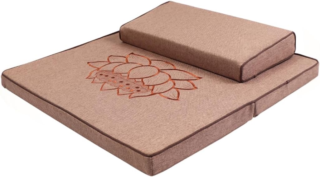 Portable Foldable Meditation Cushion Mat Set with Washable Cotton Linen Cover, Larger Thick Yoga Mat Bolster Floor Pillows Seating for Adults Meditation Accessories coffee1-60cm