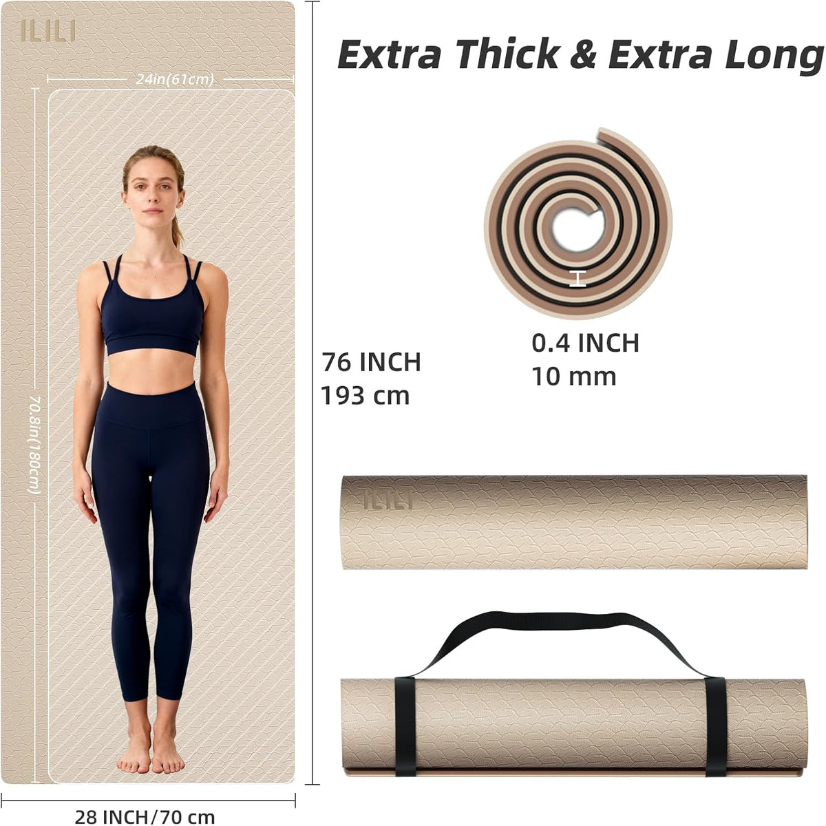 10mm Extra Thick, TPE Yoga Mat, 76×28 Inch Extra Long, Carrying Strap
