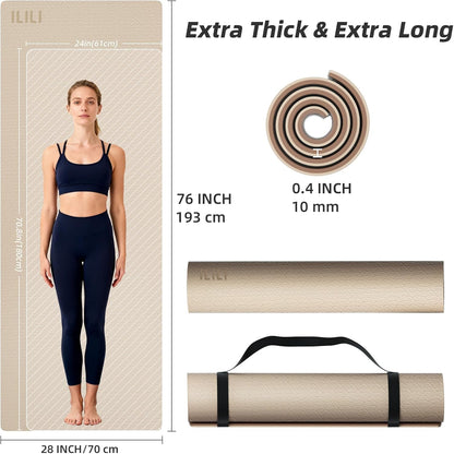 10mm Extra Thick, TPE Yoga Mat, 76×28 Inch Extra Long, Carrying Strap