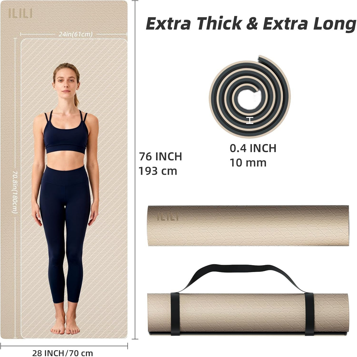 10mm Extra Thick, TPE Yoga Mat, 76×28 Inch Extra Long, Carrying Strap