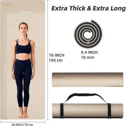 10mm Extra Thick, TPE Yoga Mat, 76×28 Inch Extra Long, Carrying Strap