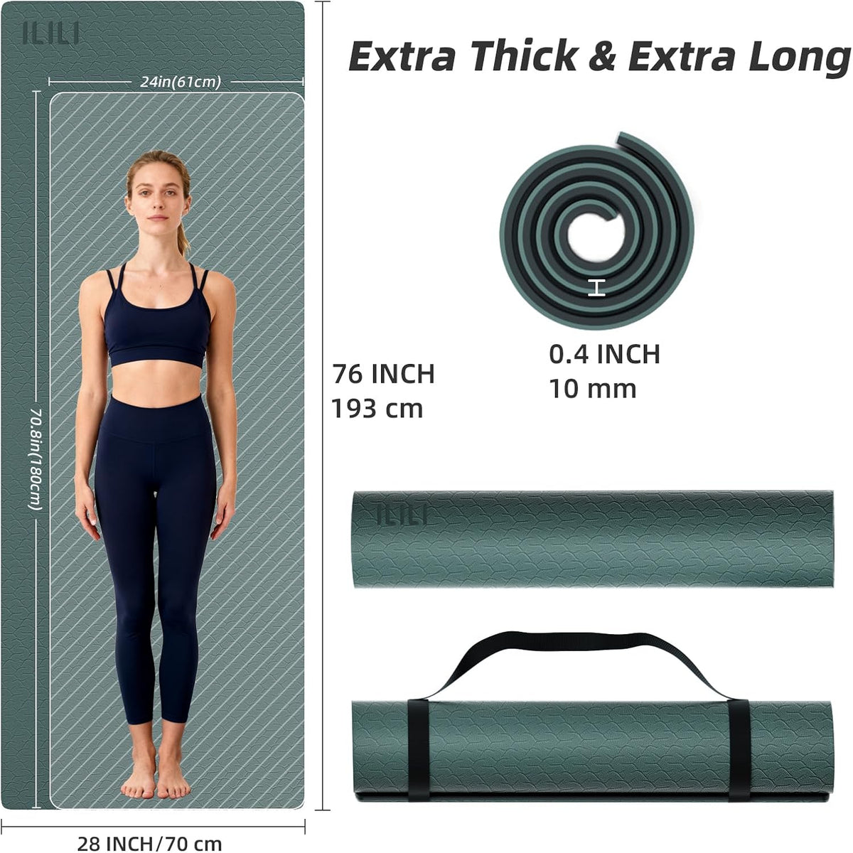 10mm Extra Thick, TPE Yoga Mat, 76×28 Inch Extra Long, Carrying Strap