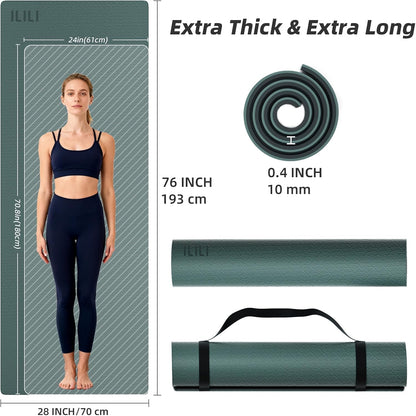 10mm Extra Thick, TPE Yoga Mat, 76×28 Inch Extra Long, Carrying Strap