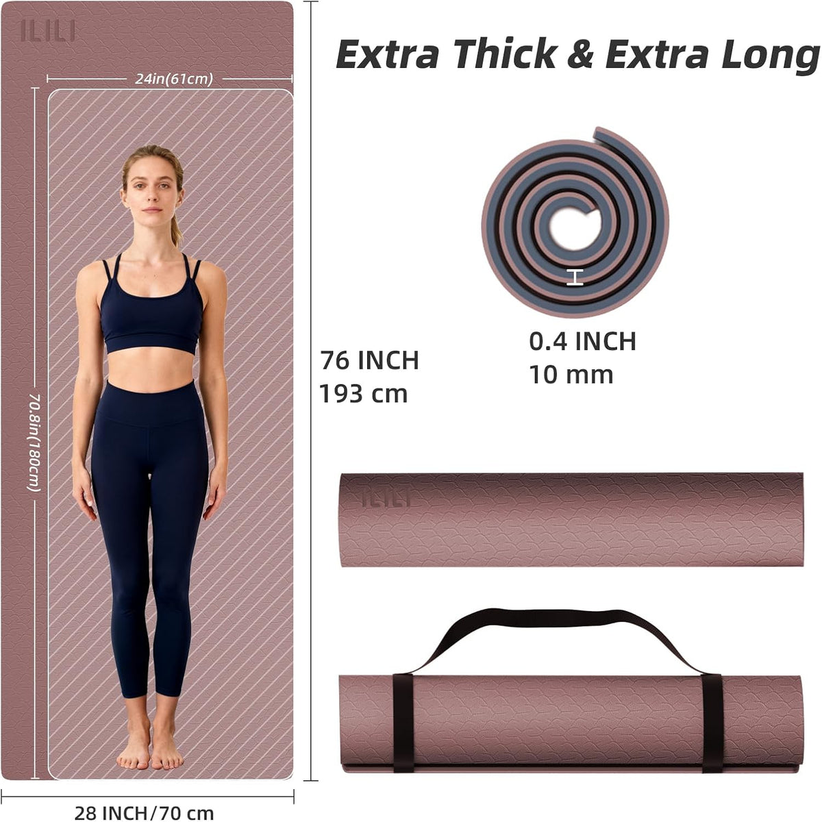 10mm Extra Thick, TPE Yoga Mat, 76×28 Inch Extra Long, Carrying Strap