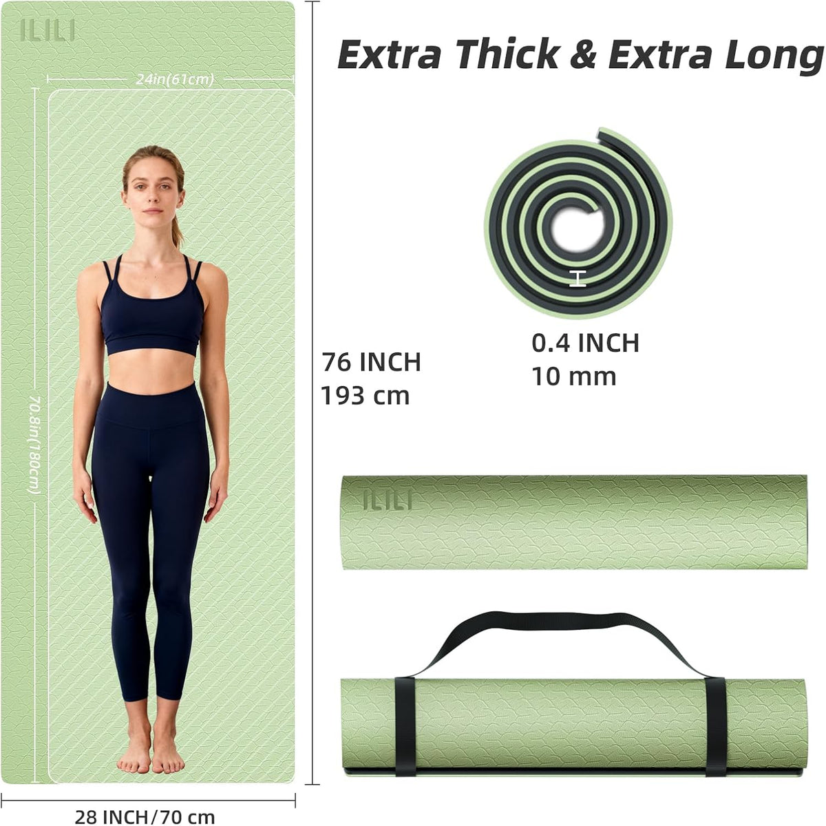 10mm Extra Thick, TPE Yoga Mat, 76×28 Inch Extra Long, Carrying Strap