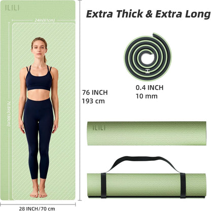 10mm Extra Thick, TPE Yoga Mat, 76×28 Inch Extra Long, Carrying Strap