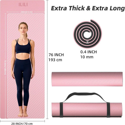 10mm Extra Thick, TPE Yoga Mat, 76×28 Inch Extra Long, Carrying Strap