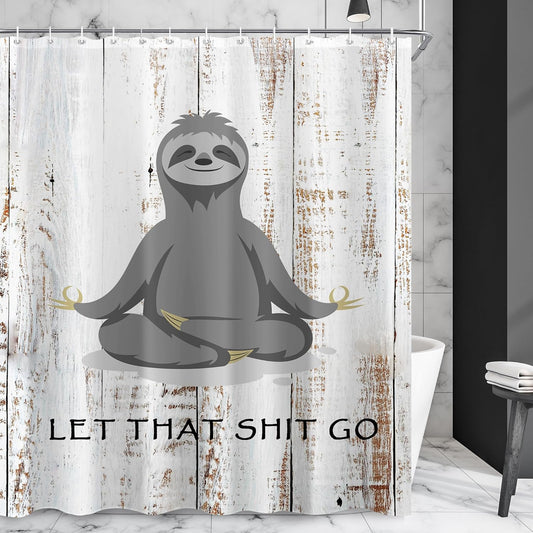 Funny Cute Yoga Sloth Shower Curtain Sets for Bathroom 60Wx72H Fun Animal Inspirational Quotes Shower Curtain Rustic Motivational Bathtub Curtain Wooden Farmhouse Bathroom Decor with 12 Hooks