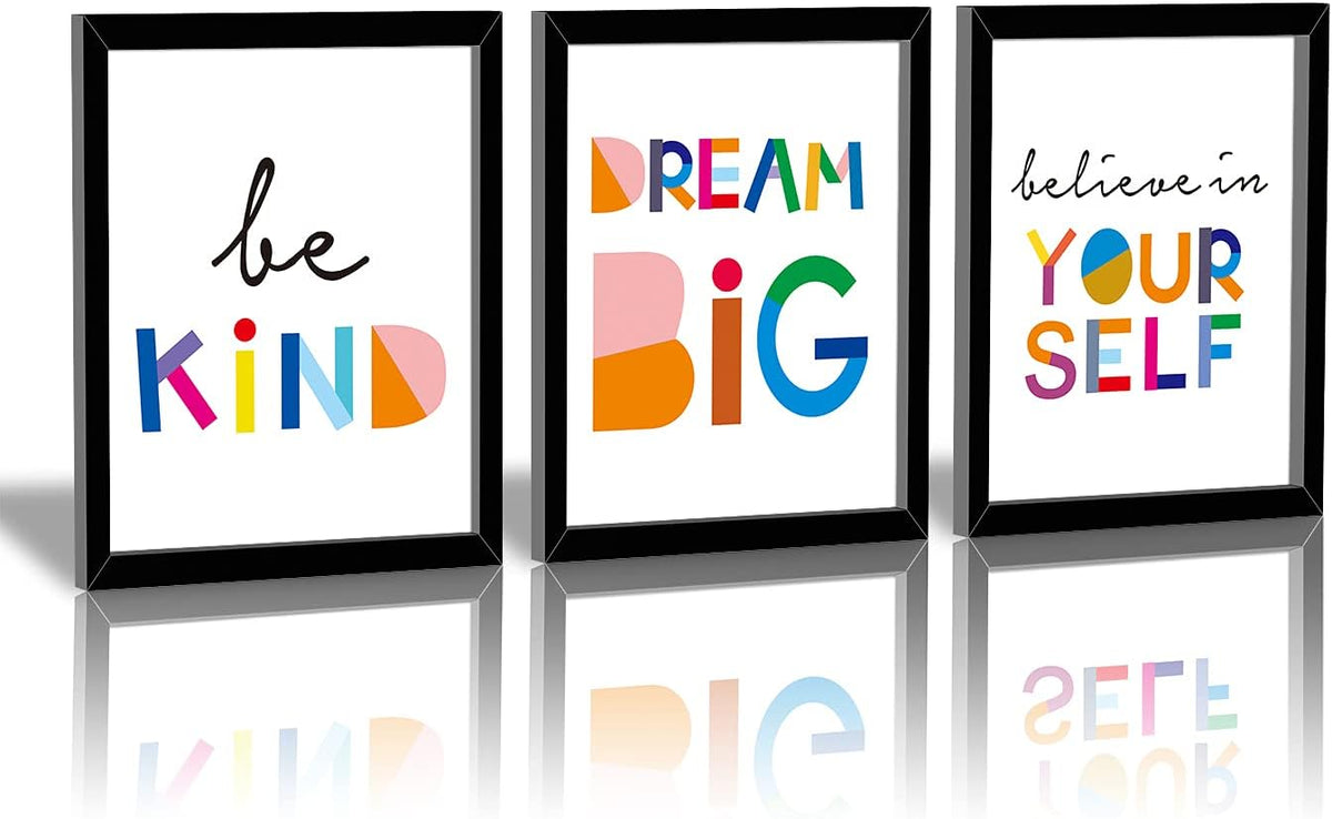Framed Watercolor Words Inspirational Quote Art Prints Set of 3 (8”X10”)-Ready To Hang-Motivational Typography Canvas Painting，Believe in yourself- Dream Big- Be Kind Print For Classroom Decor