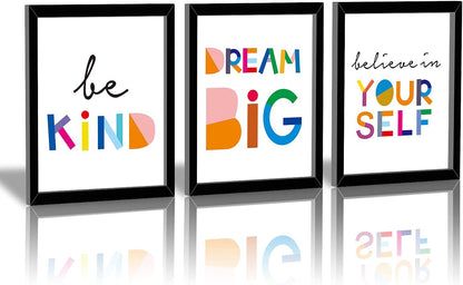 Framed Watercolor Words Inspirational Quote Art Prints Set of 3 (8”X10”)-Ready To Hang-Motivational Typography Canvas Painting，Believe in yourself- Dream Big- Be Kind Print For Classroom Decor
