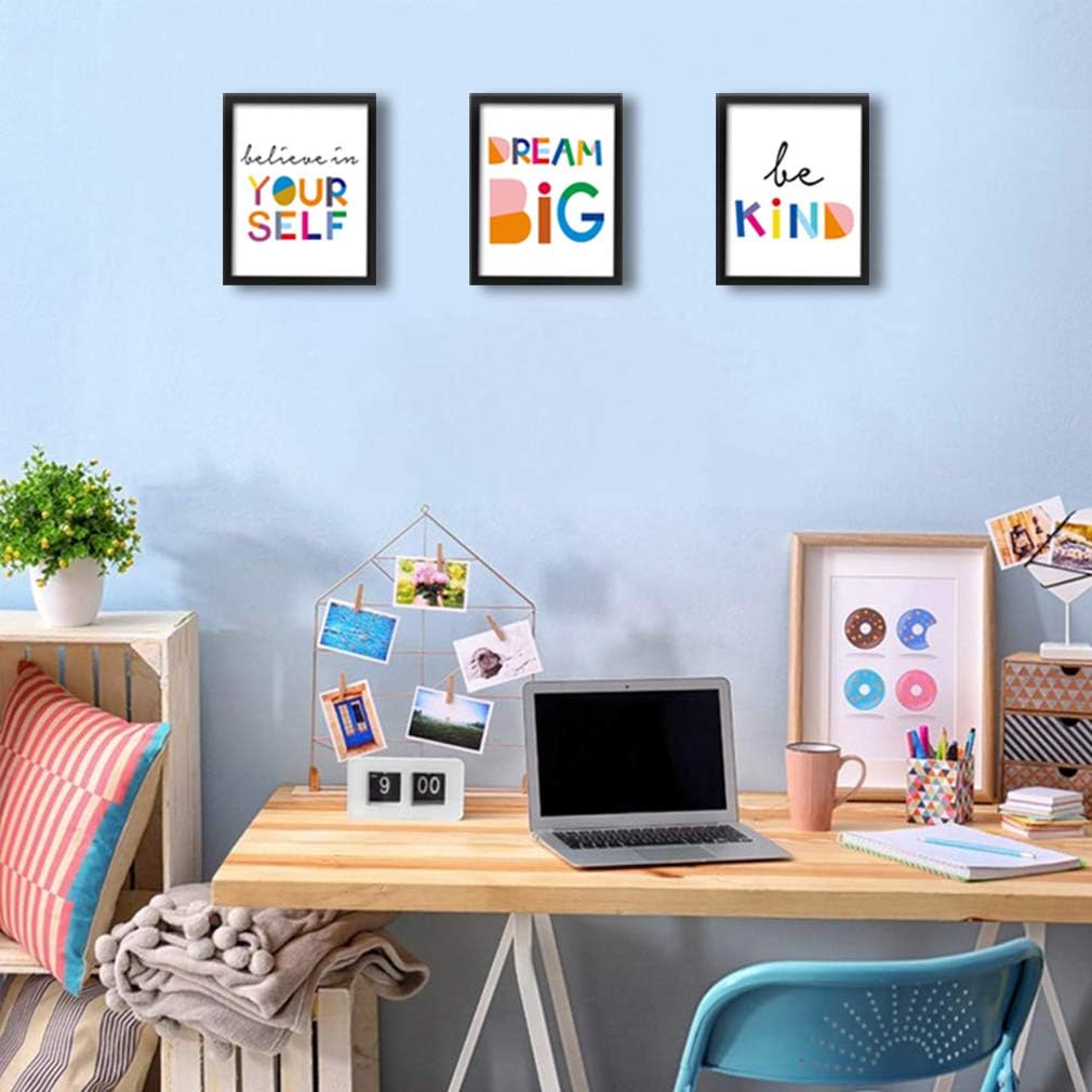 Framed Watercolor Words Inspirational Quote Art Prints Set of 3 (8”X10”)-Ready To Hang-Motivational Typography Canvas Painting，Believe in yourself- Dream Big- Be Kind Print For Classroom Decor